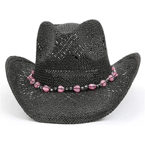 Straw Cowboy Hat for Women with Shapeable Brim, Beaded Hearts Trim Hat Straw Cowboy Hat for Women with Shapeable Brim, Beaded  main image 4